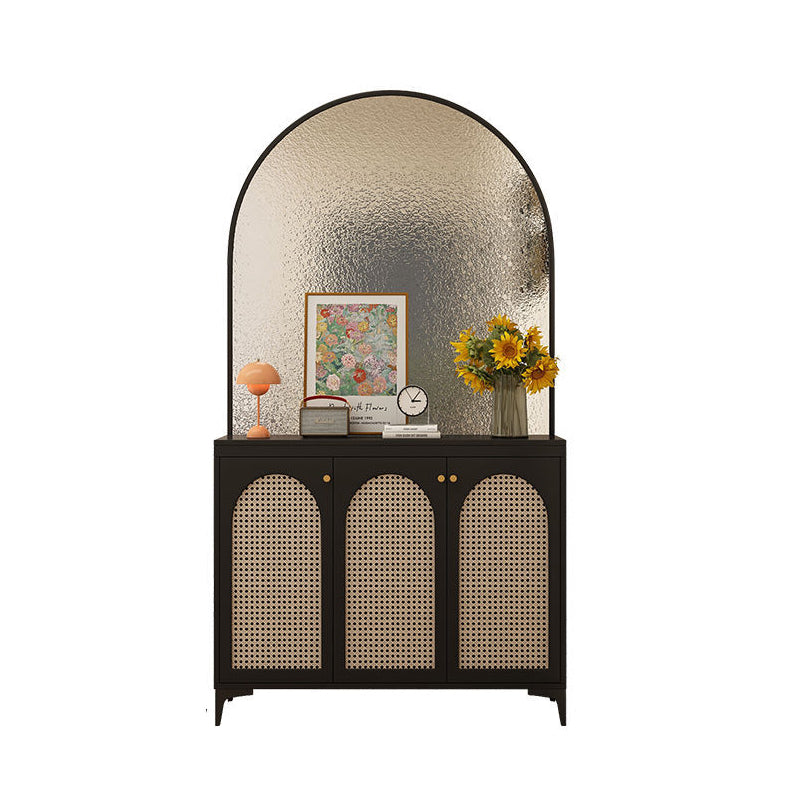 Modern Mid-Century Solid Wood Eco Board Faux Rattan Stainless Steel Glass Rectangular Weaving Shoe Storage 3-Tier For Entryway