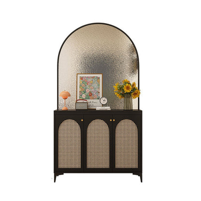 Modern Mid-Century Solid Wood Eco Board Faux Rattan Stainless Steel Glass Rectangular Weaving Shoe Storage 3-Tier For Entryway