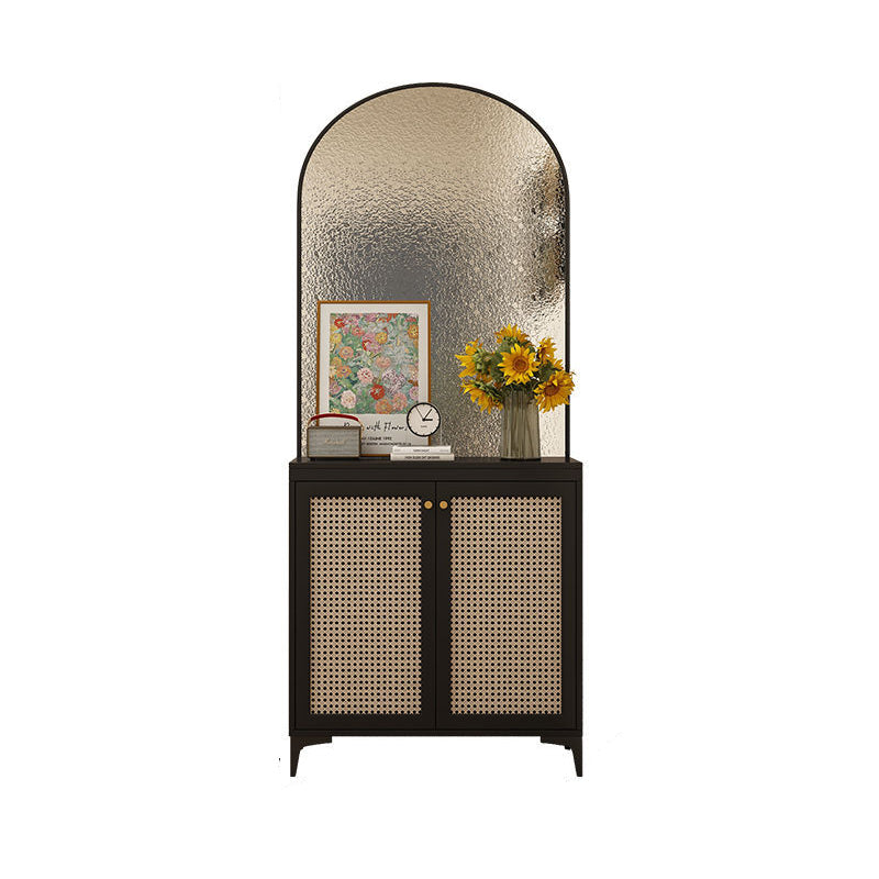 Modern Mid-Century Solid Wood Eco Board Faux Rattan Stainless Steel Glass Rectangular Weaving Shoe Storage 3-Tier For Entryway