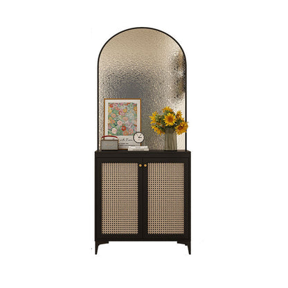 Modern Mid-Century Solid Wood Eco Board Faux Rattan Stainless Steel Glass Rectangular Weaving Shoe Storage 3-Tier For Entryway