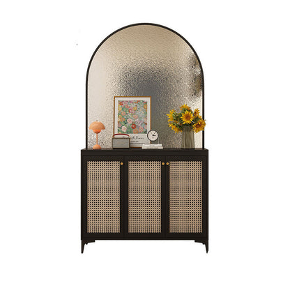 Modern Mid-Century Solid Wood Eco Board Faux Rattan Stainless Steel Glass Rectangular Weaving Shoe Storage 3-Tier For Entryway