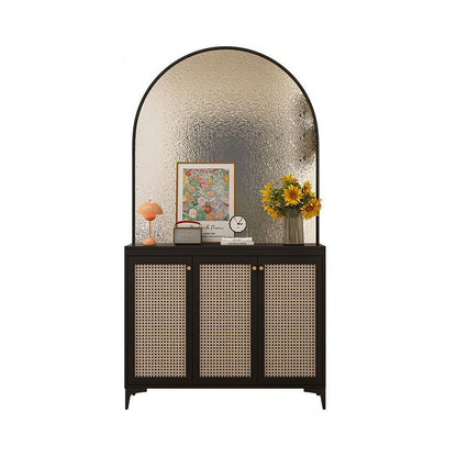 Modern Mid-Century Solid Wood Eco Board Faux Rattan Stainless Steel Glass Rectangular Weaving Shoe Storage 3-Tier For Entryway