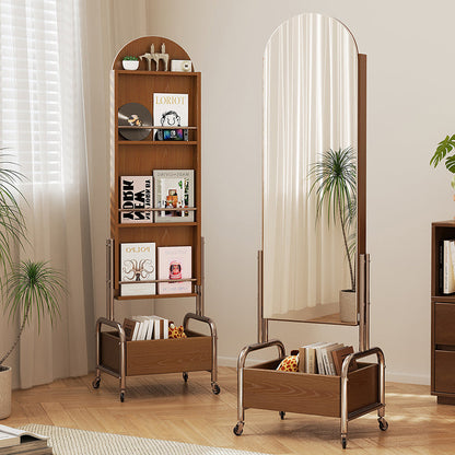 Contemporary Nordic Rubberwood Stainless Steel Glass Ellipse Bookshelf 4-Tier Movable Full-Length Mirror For Living Room