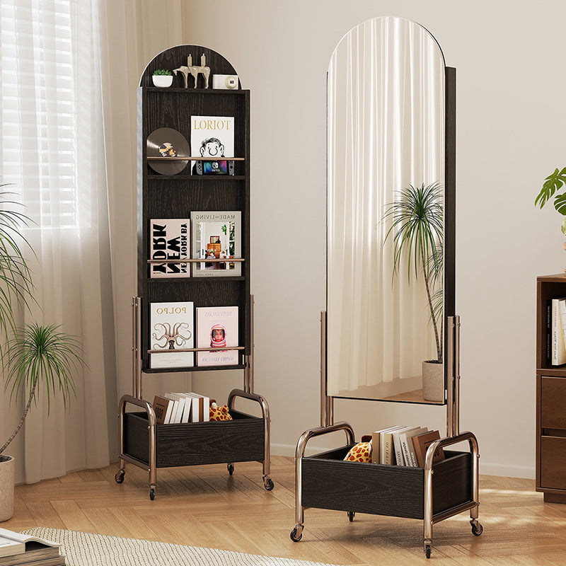 Contemporary Nordic Rubberwood Stainless Steel Glass Ellipse Bookshelf 4-Tier Movable Full-Length Mirror For Living Room