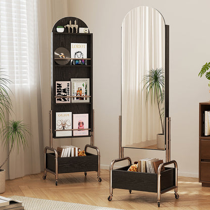 Contemporary Nordic Rubberwood Stainless Steel Glass Ellipse Bookshelf 4-Tier Movable Full-Length Mirror For Living Room