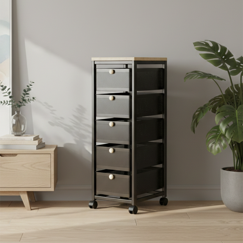 Modern Minimalist MDF Carbon Steel End Table 4/5-Drawer Movable Space-Saving Organizer For Living Room