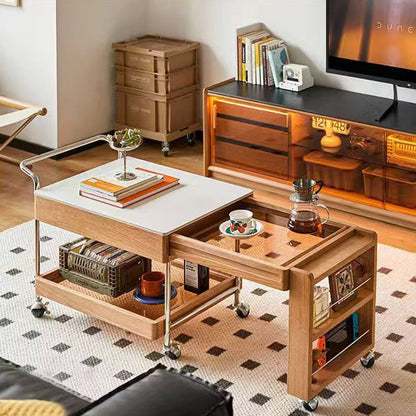 Modern Minimalist Stone Slab Solid Wood Plywood Glass Stainless Steel Rectangular End Table Movable 2-Tier Storage For Living Room