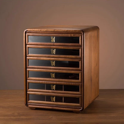 Contemporary Retro Black Walnut Copper Glass Square Storage Cabinet 6-Drawer For Living Room