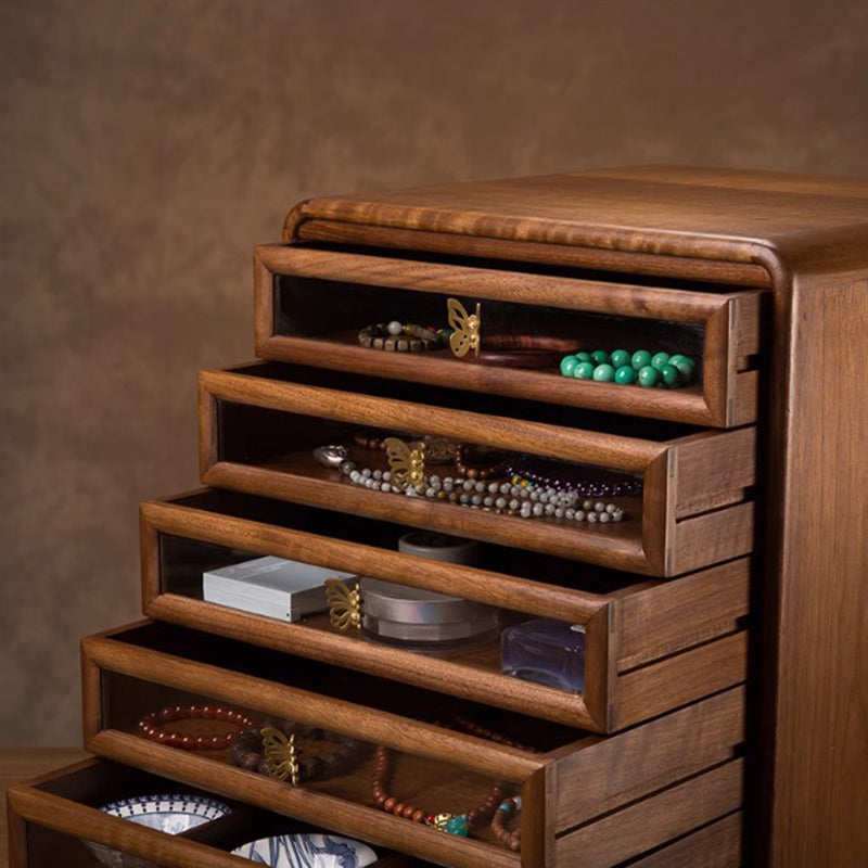 Contemporary Retro Black Walnut Copper Glass Square Storage Cabinet 6-Drawer For Living Room