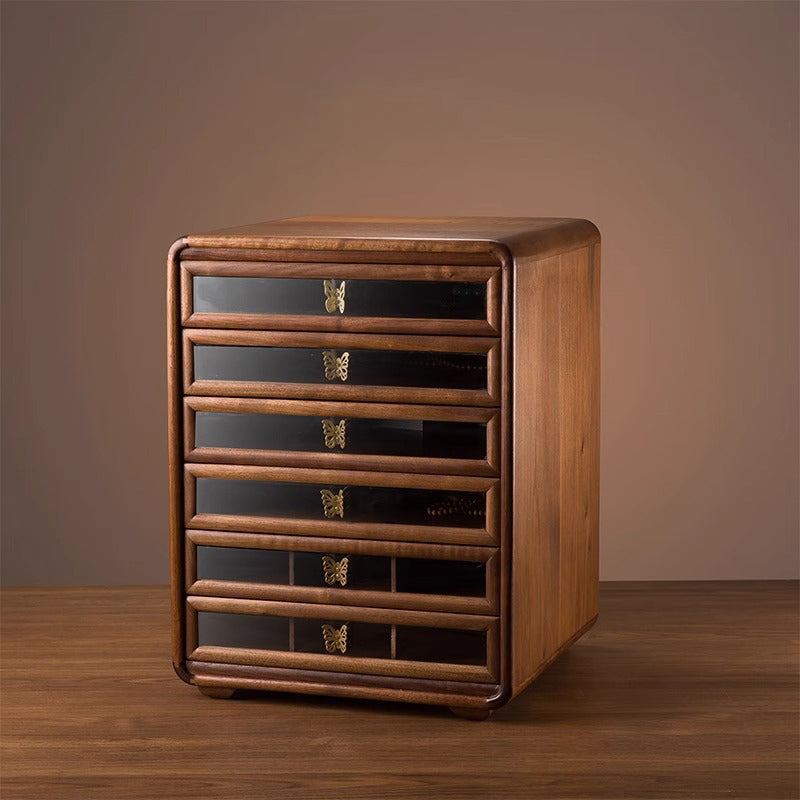 Contemporary Retro Black Walnut Copper Glass Square Storage Cabinet 6-Drawer For Living Room