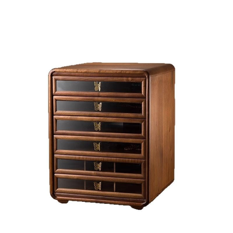 Contemporary Retro Black Walnut Copper Glass Square Storage Cabinet 6-Drawer For Living Room