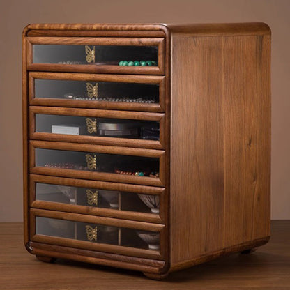 Contemporary Retro Black Walnut Copper Glass Square Storage Cabinet 6-Drawer For Living Room
