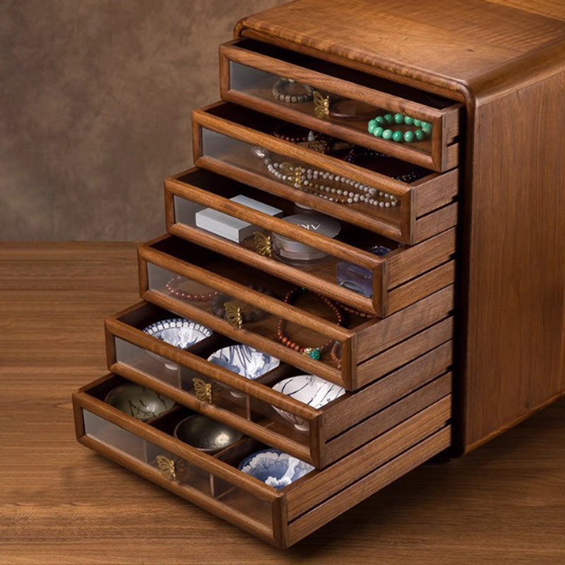 Contemporary Retro Black Walnut Copper Glass Square Storage Cabinet 6-Drawer For Living Room