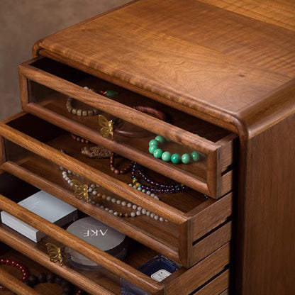 Contemporary Retro Black Walnut Copper Glass Square Storage Cabinet 6-Drawer For Living Room