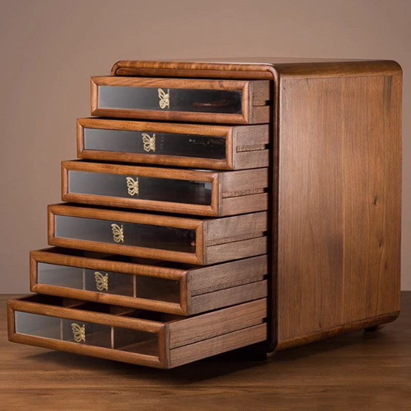 Contemporary Retro Black Walnut Copper Glass Square Storage Cabinet 6-Drawer For Living Room