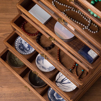 Contemporary Retro Black Walnut Copper Glass Square Storage Cabinet 6-Drawer For Living Room