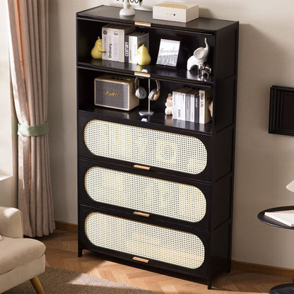 Modern Minimalist Nan Bamboo MDF Plastic Rattan Rectangular Weaving Storage Cabinet 5-Tier For Living Room