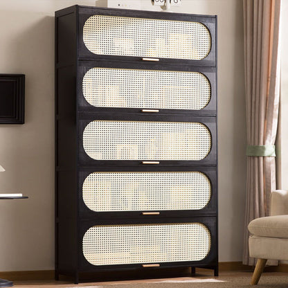 Modern Minimalist Nan Bamboo MDF Plastic Rattan Rectangular Weaving Storage Cabinet 5-Tier For Living Room