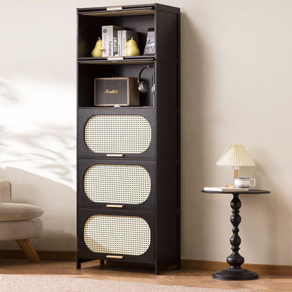 Modern Minimalist Nan Bamboo MDF Plastic Rattan Rectangular Weaving Storage Cabinet 5-Tier For Living Room