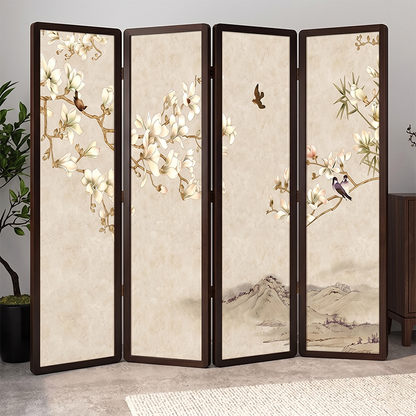 Traditional Chinese Pine Wood Georgette Fabric Rectangular Room Divider Folding For Living Room