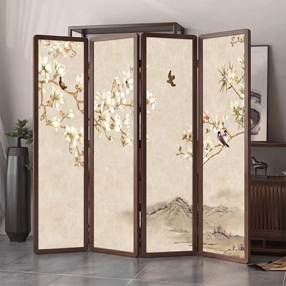 Traditional Chinese Pine Wood Georgette Fabric Rectangular Room Divider Folding For Living Room