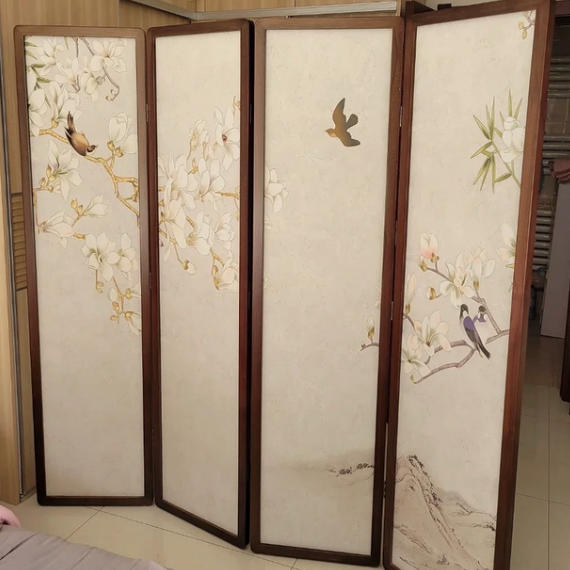 Traditional Chinese Pine Wood Georgette Fabric Rectangular Room Divider Folding For Living Room