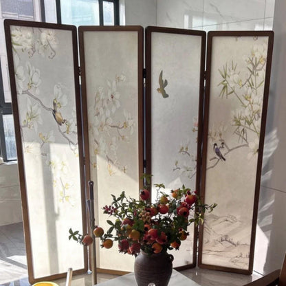 Traditional Chinese Pine Wood Georgette Fabric Rectangular Room Divider Folding For Living Room
