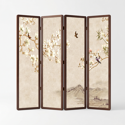 Traditional Chinese Pine Wood Georgette Fabric Rectangular Room Divider Folding For Living Room