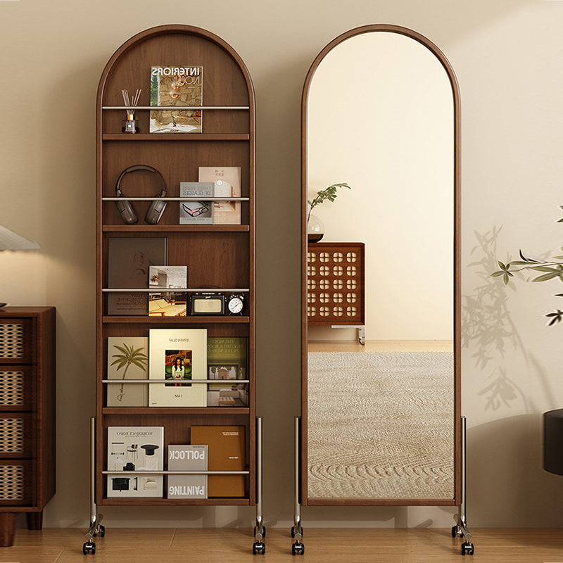 Modern Mid-Century Rubberwood Solid Wood Plywood Stainless Steel Ellipse Bookshelf 360° Rotating Full-Length Mirror For Living Room