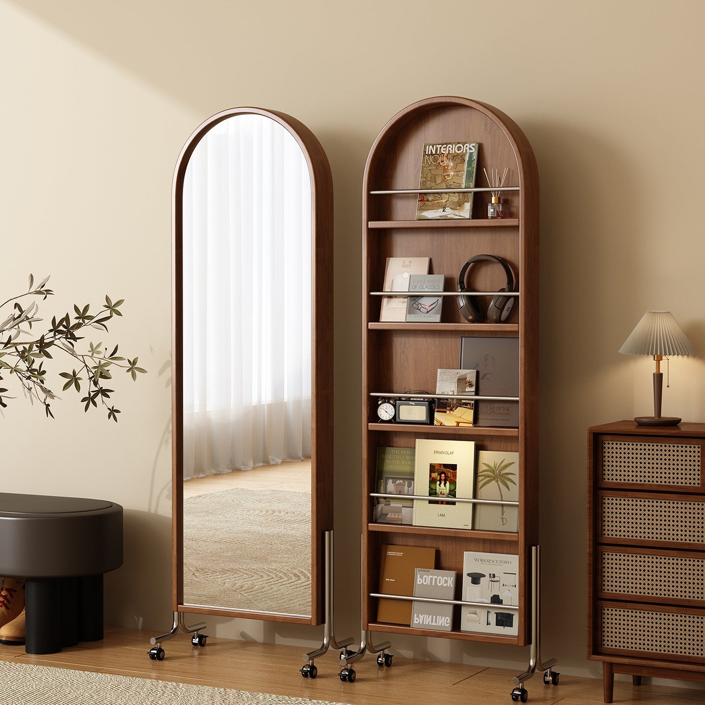 Modern Mid-Century Rubberwood Solid Wood Plywood Stainless Steel Ellipse Bookshelf 360° Rotating Full-Length Mirror For Living Room