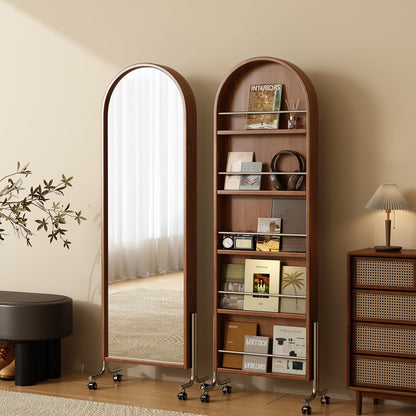 Modern Mid-Century Rubberwood Solid Wood Plywood Stainless Steel Ellipse Bookshelf 360° Rotating Full-Length Mirror For Living Room