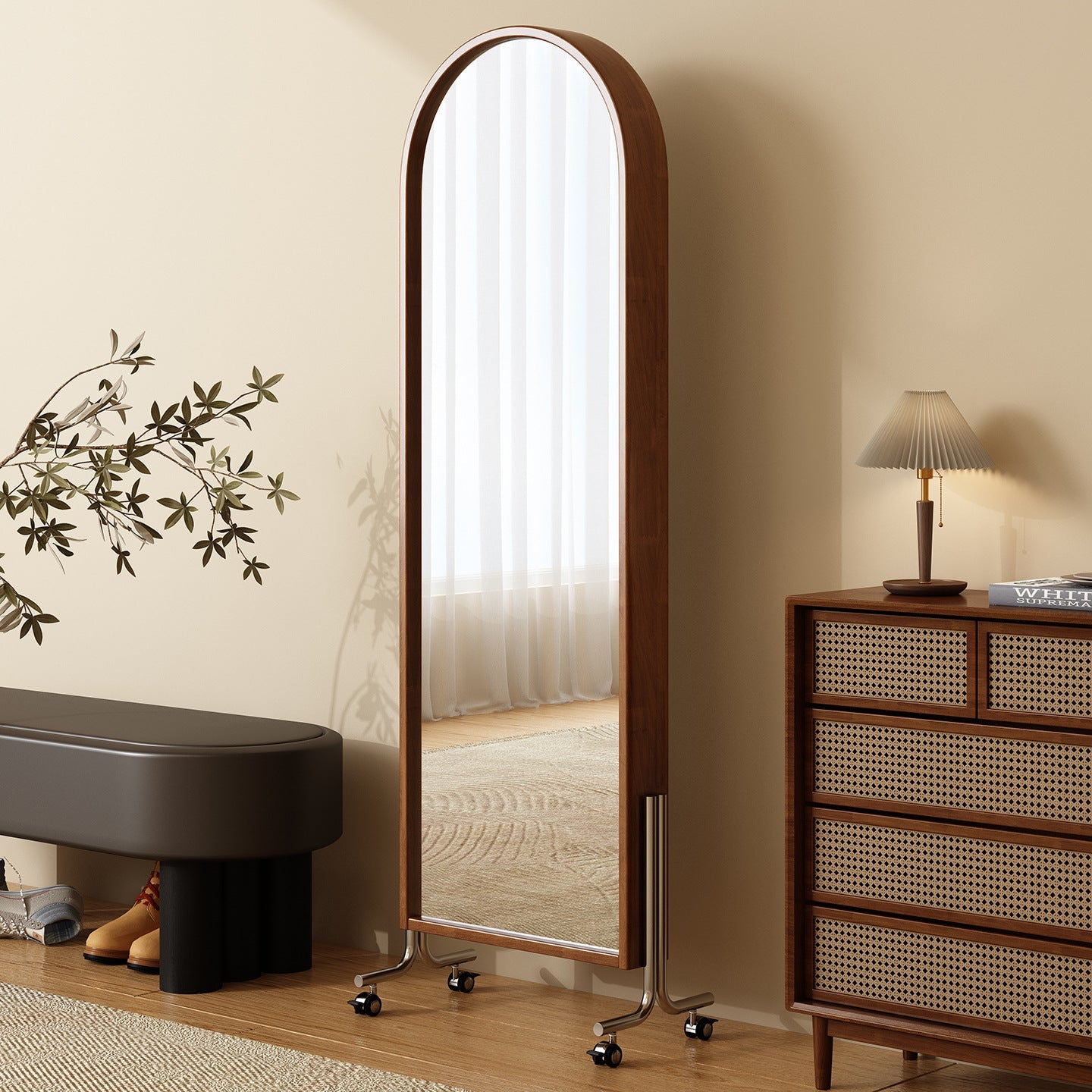 Modern Mid-Century Rubberwood Solid Wood Plywood Stainless Steel Ellipse Bookshelf 360° Rotating Full-Length Mirror For Living Room
