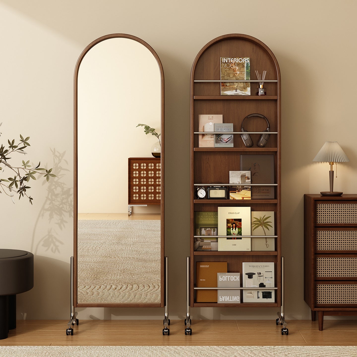 Modern Mid-Century Rubberwood Solid Wood Plywood Stainless Steel Ellipse Bookshelf 360° Rotating Full-Length Mirror For Living Room