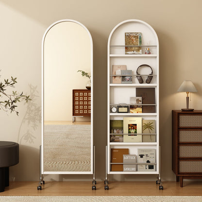 Modern Mid-Century Rubberwood Solid Wood Plywood Stainless Steel Ellipse Bookshelf 360° Rotating Full-Length Mirror For Living Room