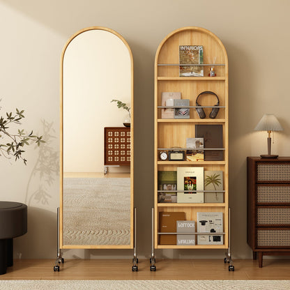 Modern Mid-Century Rubberwood Solid Wood Plywood Stainless Steel Ellipse Bookshelf 360° Rotating Full-Length Mirror For Living Room