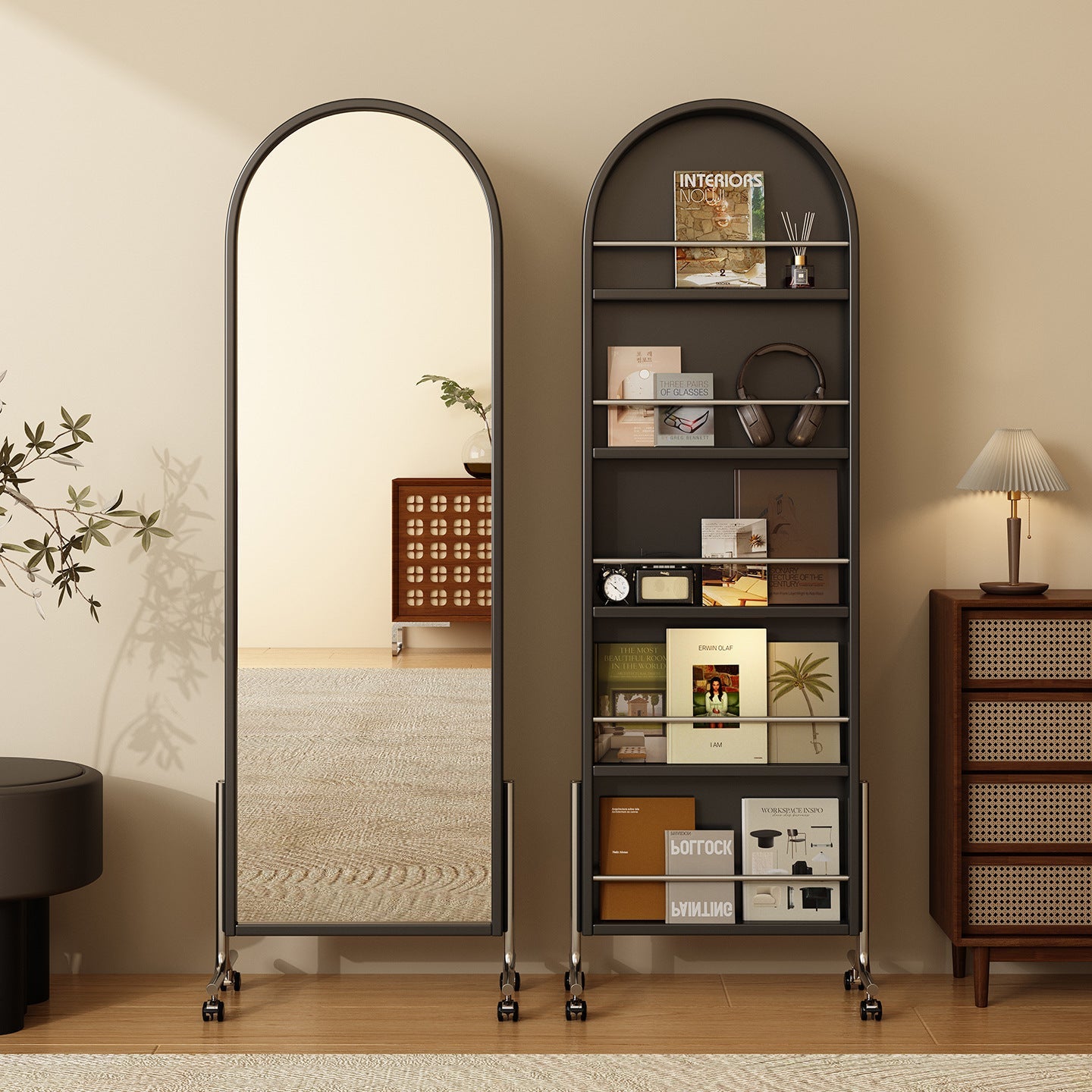 Modern Mid-Century Rubberwood Solid Wood Plywood Stainless Steel Ellipse Bookshelf 360° Rotating Full-Length Mirror For Living Room