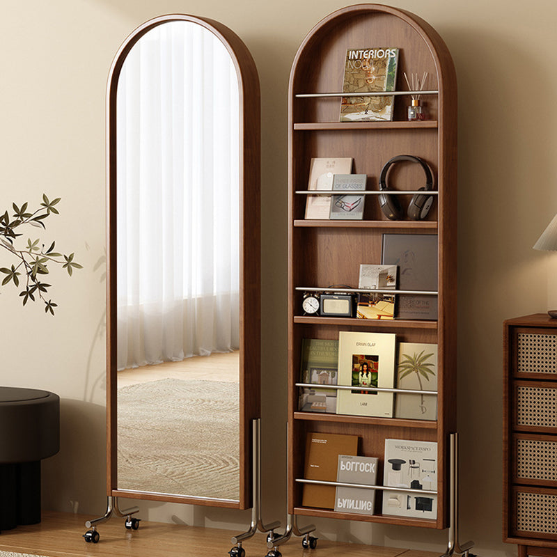Modern Mid-Century Rubberwood Solid Wood Plywood Stainless Steel Ellipse Bookshelf 360° Rotating Full-Length Mirror For Living Room