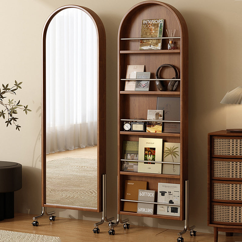 Modern Mid-Century Rubberwood Solid Wood Plywood Stainless Steel Ellipse Bookshelf 360° Rotating Full-Length Mirror For Living Room