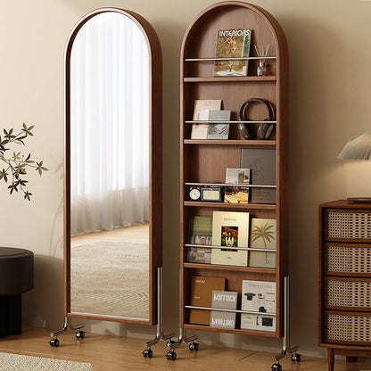 Modern Mid-Century Rubberwood Solid Wood Plywood Stainless Steel Ellipse Bookshelf 360° Rotating Full-Length Mirror For Living Room