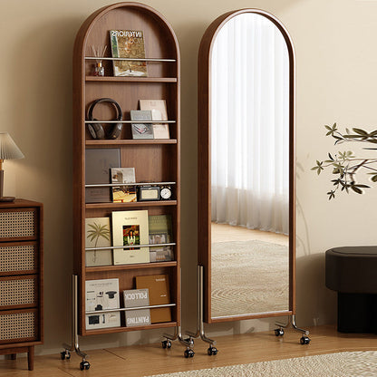 Modern Mid-Century Rubberwood Solid Wood Plywood Stainless Steel Ellipse Bookshelf 360° Rotating Full-Length Mirror For Living Room