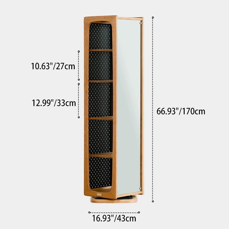 Contemporary Nordic Cherry Wood Iron Square Display Rack 5-Tier Swivel Full-Length Mirror Side Pegboard Storage For Living Room