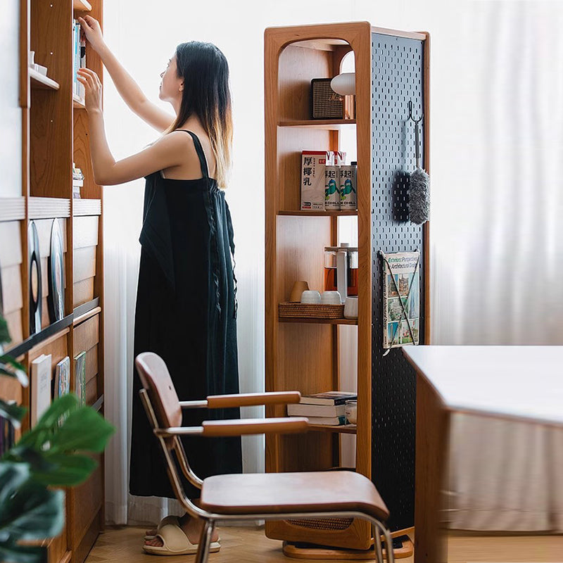 Contemporary Nordic Cherry Wood Iron Square Display Rack 5-Tier Swivel Full-Length Mirror Side Pegboard Storage For Living Room