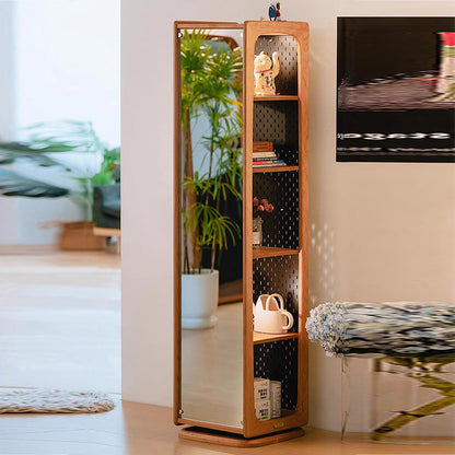 Contemporary Nordic Cherry Wood Iron Square Display Rack 5-Tier Swivel Full-Length Mirror Side Pegboard Storage For Living Room