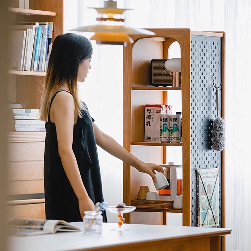 Contemporary Nordic Cherry Wood Iron Square Display Rack 5-Tier Swivel Full-Length Mirror Side Pegboard Storage For Living Room