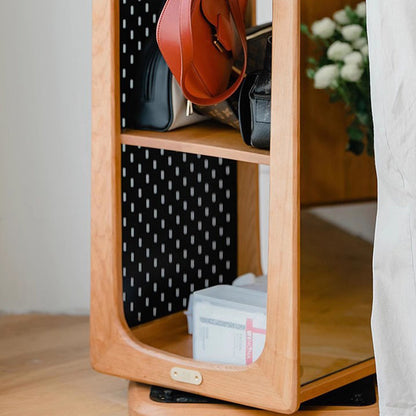 Contemporary Nordic Cherry Wood Iron Square Display Rack 5-Tier Swivel Full-Length Mirror Side Pegboard Storage For Living Room