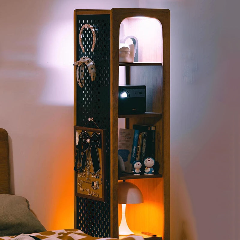 Contemporary Nordic Cherry Wood Iron Square Display Rack 5-Tier Swivel Full-Length Mirror Side Pegboard Storage For Living Room