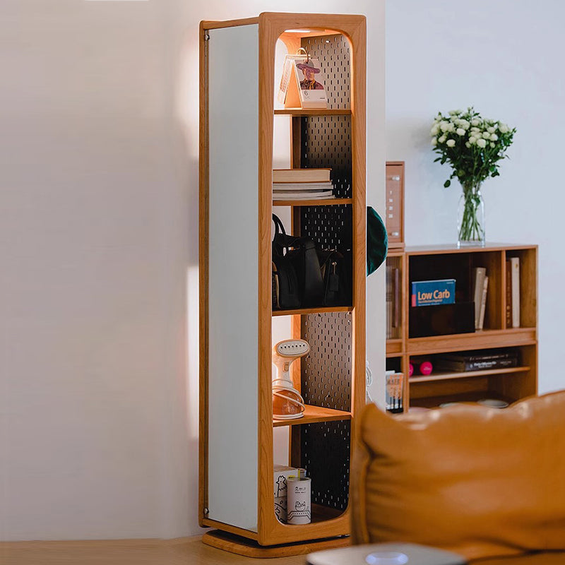 Contemporary Nordic Cherry Wood Iron Square Display Rack 5-Tier Swivel Full-Length Mirror Side Pegboard Storage For Living Room