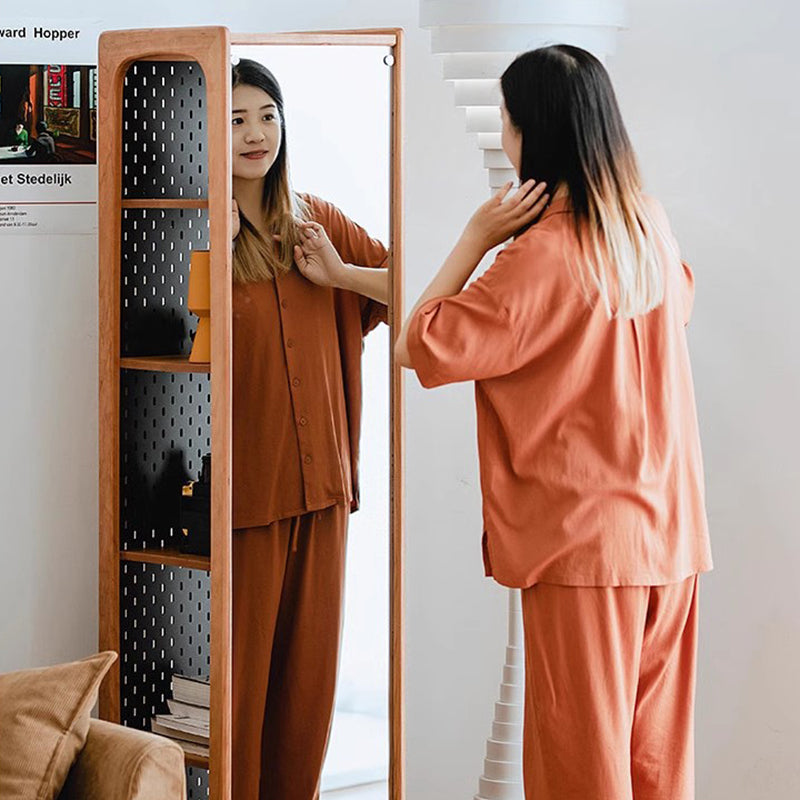 Contemporary Nordic Cherry Wood Iron Square Display Rack 5-Tier Swivel Full-Length Mirror Side Pegboard Storage For Living Room