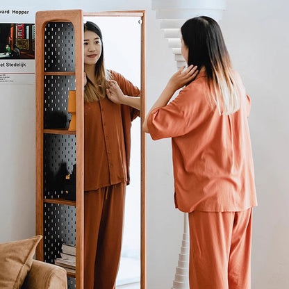 Contemporary Nordic Cherry Wood Iron Square Display Rack 5-Tier Swivel Full-Length Mirror Side Pegboard Storage For Living Room