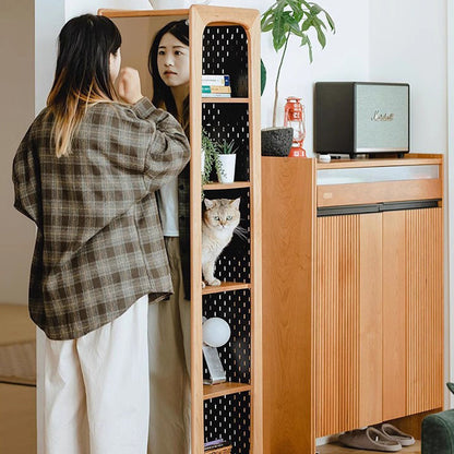 Contemporary Nordic Cherry Wood Iron Square Display Rack 5-Tier Swivel Full-Length Mirror Side Pegboard Storage For Living Room